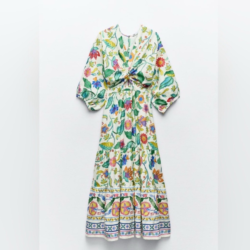 NWOT Zara Linen Knot Cutouts Floral print Puff poplin dress